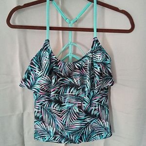 SO, Tankini top, palm print, strap back, size small, black/pink/white, turquoise